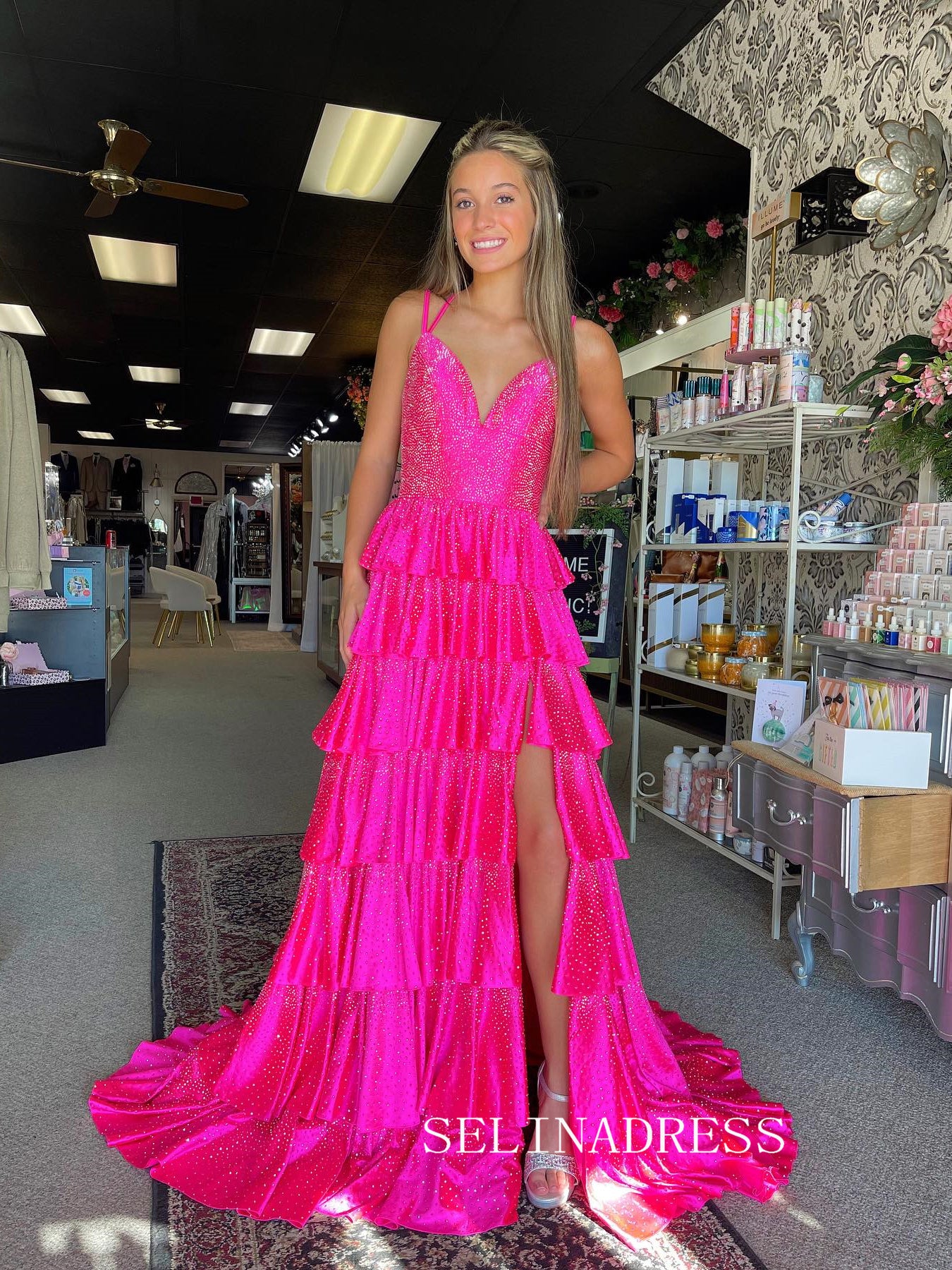 A-line V neck Layered Hot Pink Long Prom Dress Hot Stones Evening Dresses SED0052|Selinadress