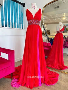 A-line V neck Long Prom Dress Red Beaded Formal Dress Ruffles Evening Dress SED032|Selinadress