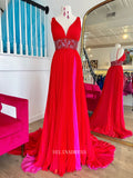 A-line V neck Long Prom Dress Red Beaded Formal Dress Ruffles Evening Dress SED032|Selinadress