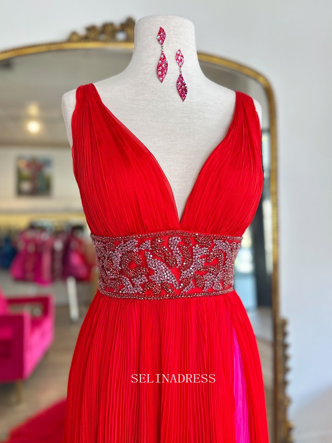 A-line V neck Long Prom Dress Red Beaded Formal Dress Ruffles Evening Dress SED032|Selinadress