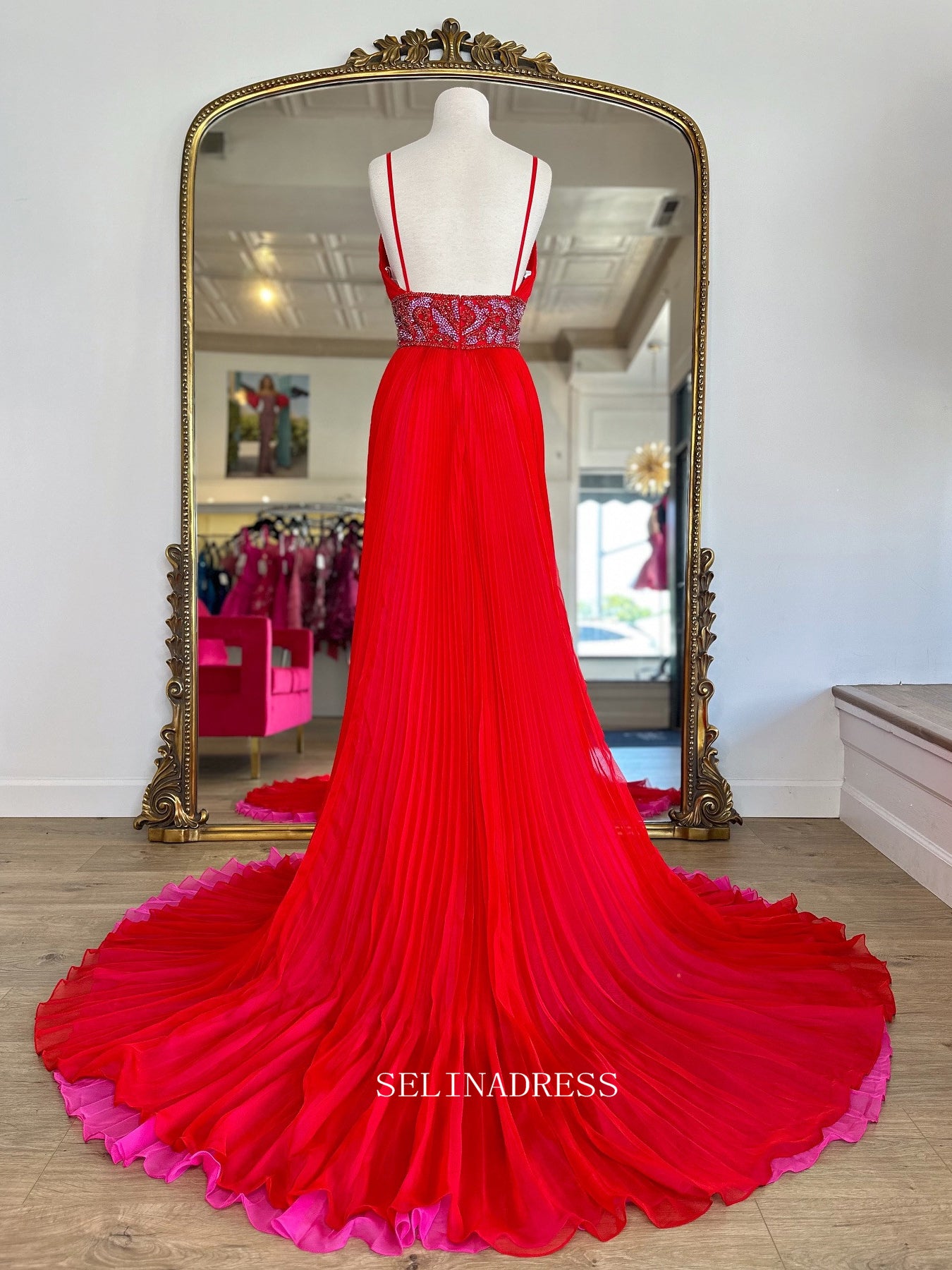 A-line V neck Long Prom Dress Red Beaded Formal Dress Ruffles Evening Dress SED032|Selinadress