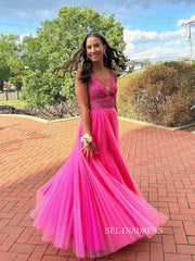 A-line V neck Pink Long Prom Dresses With Beaded Formal Dresses TKL0153|Selinadress