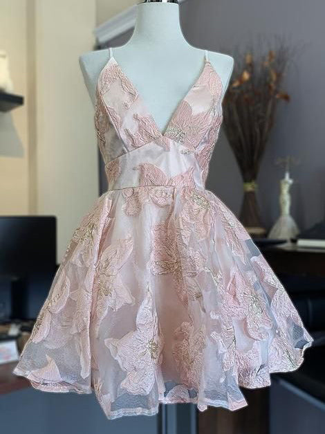 A Line V Neck Short Pink Lace Prom Dresses, Short Pink Lace Formal  Homecoming Dresses