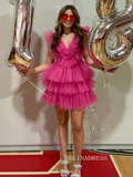 A-line V neck Pink Short Prom Dress Multi-layered Homecoming Dresses #TKL2322