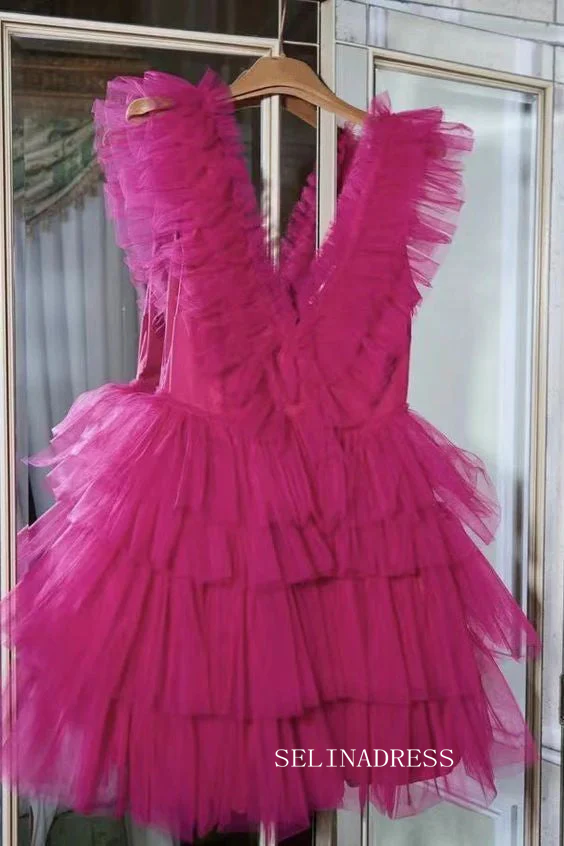 A-line V neck Pink Short Prom Dress Multi-layered Homecoming Dresses #TKL2322