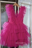 A-line V neck Pink Short Prom Dress Multi-layered Homecoming Dresses #TKL2322