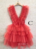 A-line V neck Pink Short Prom Dress Multi-layered Homecoming Dresses #TKL2322