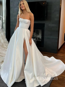 A-line White Strapless Wedding Dress Satin Bridal Gowns With Split TKL3041|Selinadress