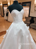 A-line White Sweetheart Wedding Dress Satin Bridal Gowns With Hand Made Flower Train TKL3045|Selinadress