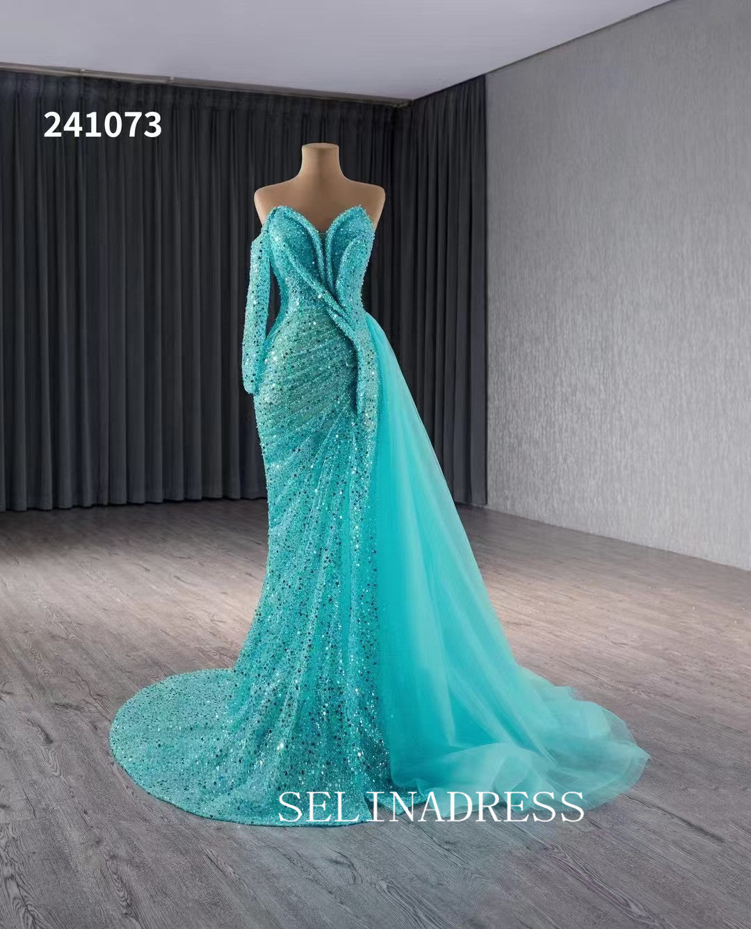 Aqua Blue Beaded Mermaid Wedding Dresses Overskirt Prom Dress with Slit 241073|Selinadress