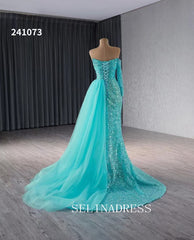 Aqua Blue Beaded Mermaid Wedding Dresses Overskirt Prom Dress with Slit 241073|Selinadress