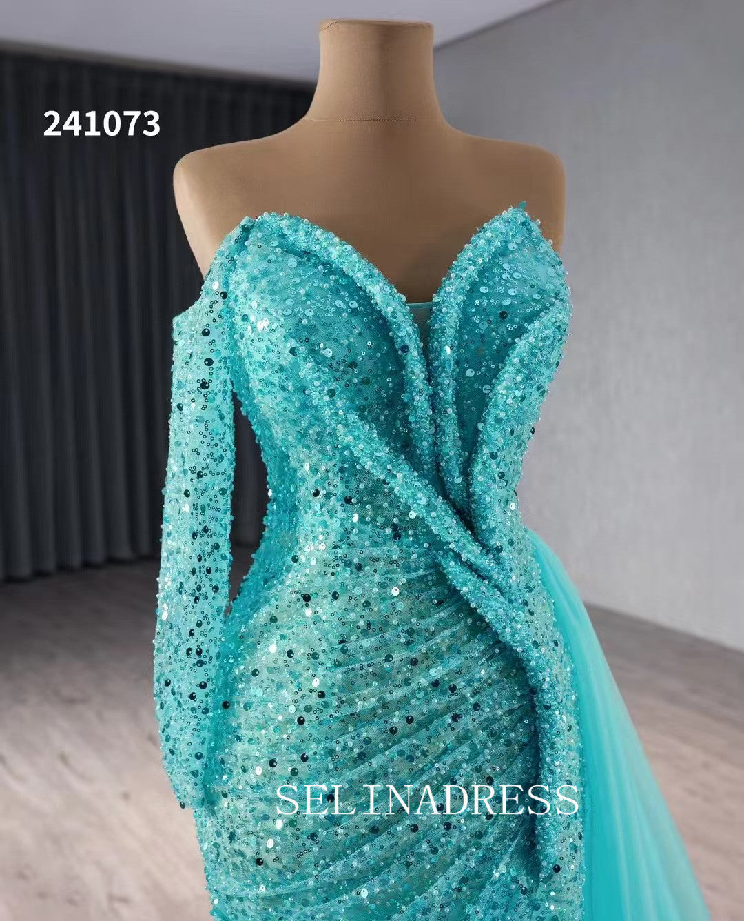 Aqua Blue Beaded Mermaid Wedding Dresses Overskirt Prom Dress with Slit 241073|Selinadress