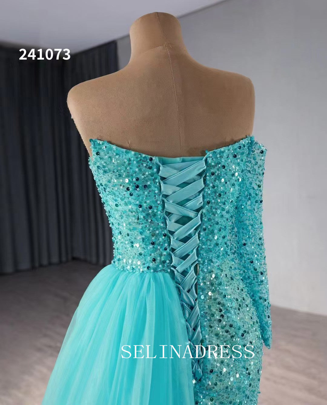 Aqua Blue Beaded Mermaid Wedding Dresses Overskirt Prom Dress with Slit 241073|Selinadress