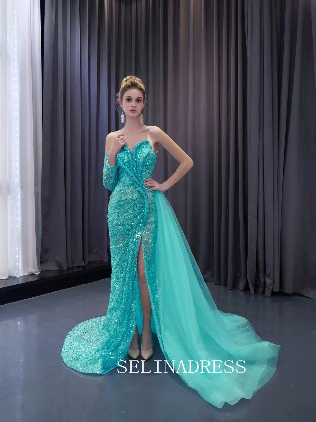 Aqua Blue Beaded Mermaid Wedding Dresses Overskirt Prom Dress with Slit 241073|Selinadress