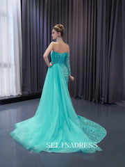 Aqua Blue Beaded Mermaid Wedding Dresses Overskirt Prom Dress with Slit 241073|Selinadress