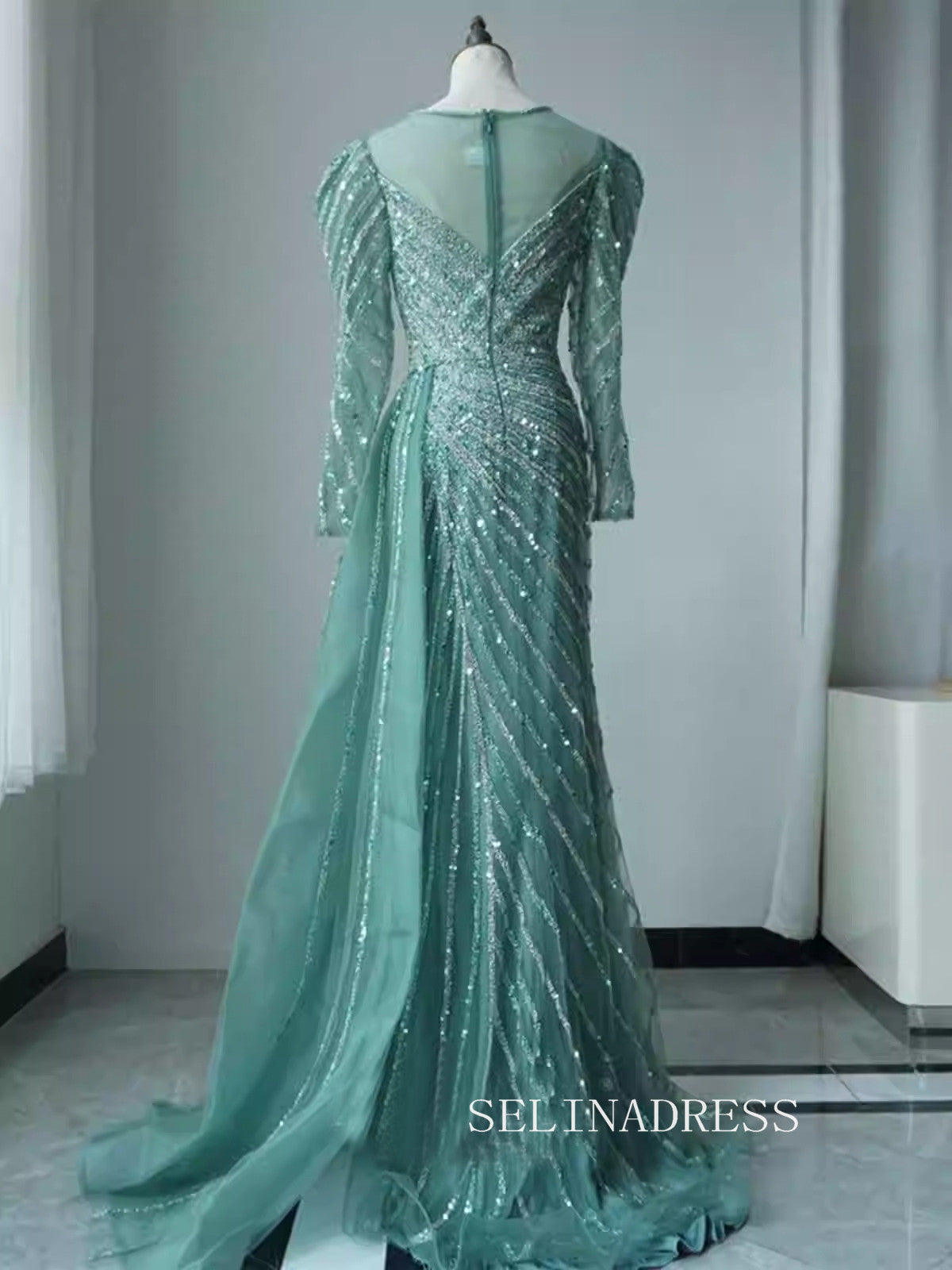 Arabic Turquoise Mermaid Beaded Split Luxury Dubai Long Evening Dresses Gowns for Women Wedding Party ALI009|Selinadress