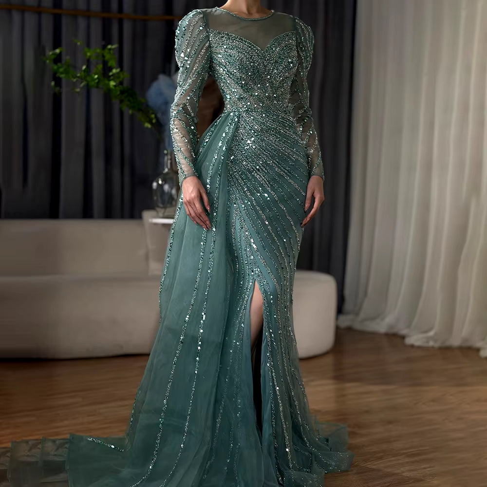 Arabic Turquoise Mermaid Beaded Split Luxury Dubai Long Evening Dresses Gowns for Women Wedding Party ALI009|Selinadress