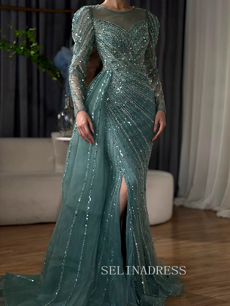 Arabic Turquoise Mermaid Beaded Split Luxury Dubai Long Evening Dresses Gowns for Women Wedding Party ALI009