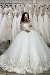 Ball Gown Long Sleeve Wedding Dress Off-the-shoulder Tulle Wedding Dress SED0012|Selinadress