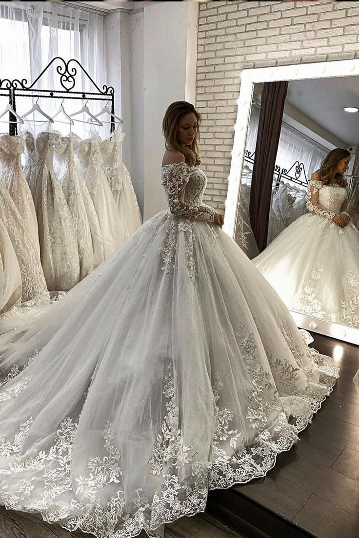 Ball Gown Long Sleeve Wedding Dress Off-the-shoulder Tulle Wedding Dress SED0012|Selinadress