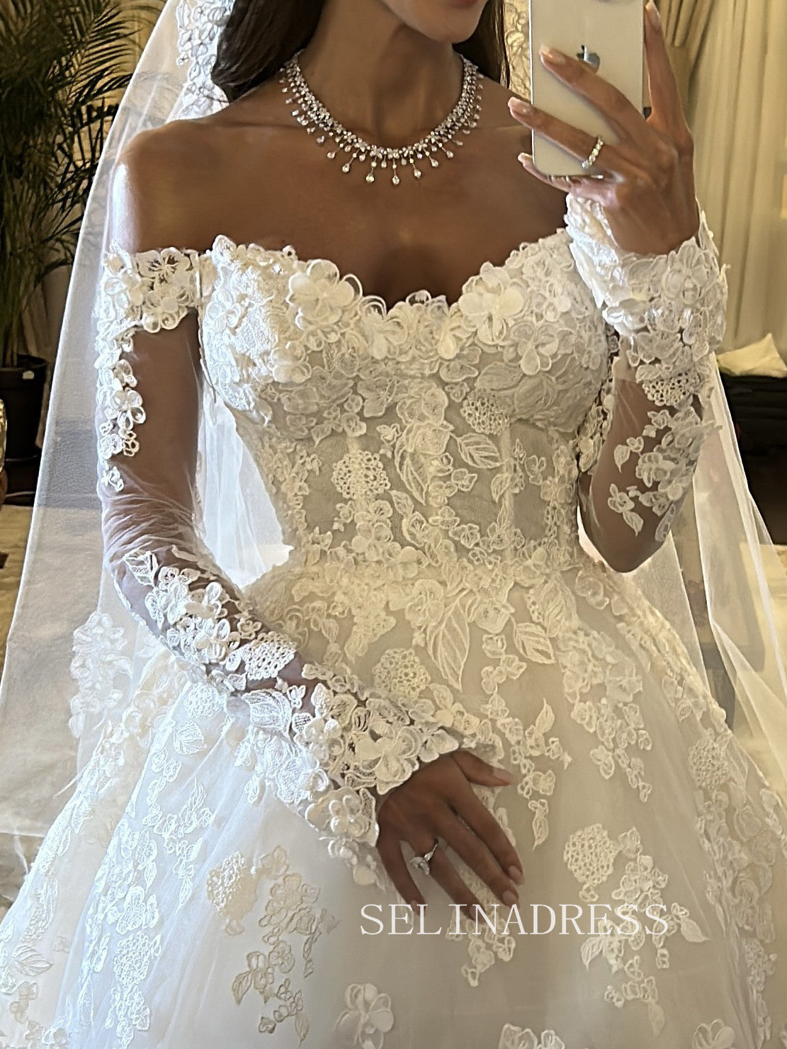 Ball Gown Off the shoulder Long Sleeve White Wedding Dress Applique Lace Bridal Dresses #SER003|Selinadress