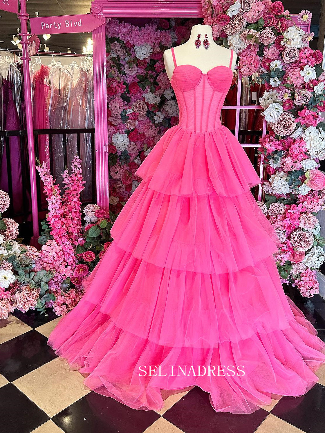 Spaghetti Straps Hot Pink Ball Gown Tiered Tulle Long Prom Dress SEW1250|Selinadress