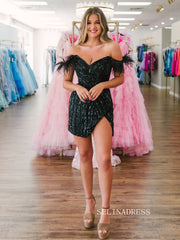 Beaded Black Homecoming Dresses Feather Short Formal Dresses #TKL0139|Selinadress