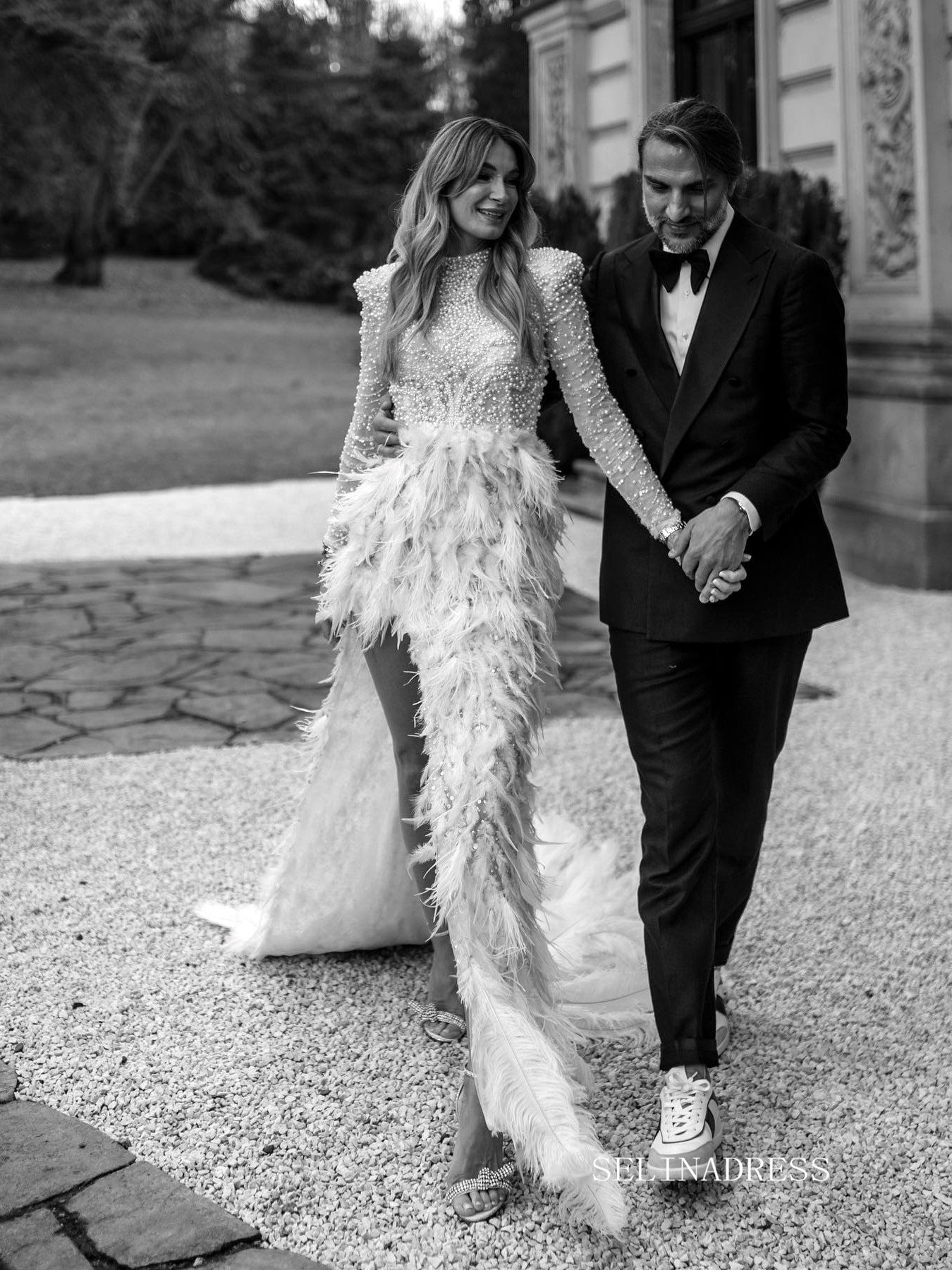 Beaded Long Sleeve Wedding Dresses Feather High Slit Stunning Bridal Dresses LKO002|Selinadress