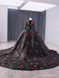 Black Flower Satin Wedding Dress Long Sleeve Quinceanera Dress 241038