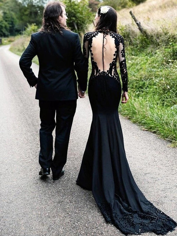 Black Lace Wedding Dress Mermaid High Neck Wedding Dress See Through Black Bridal Gown GRSD005|Selinadress