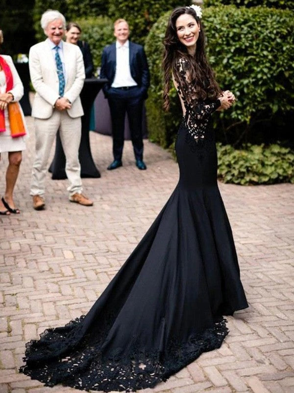 Black Lace Wedding Dress Mermaid High Neck Wedding Dress See Through Black Bridal Gown GRSD005|Selinadress