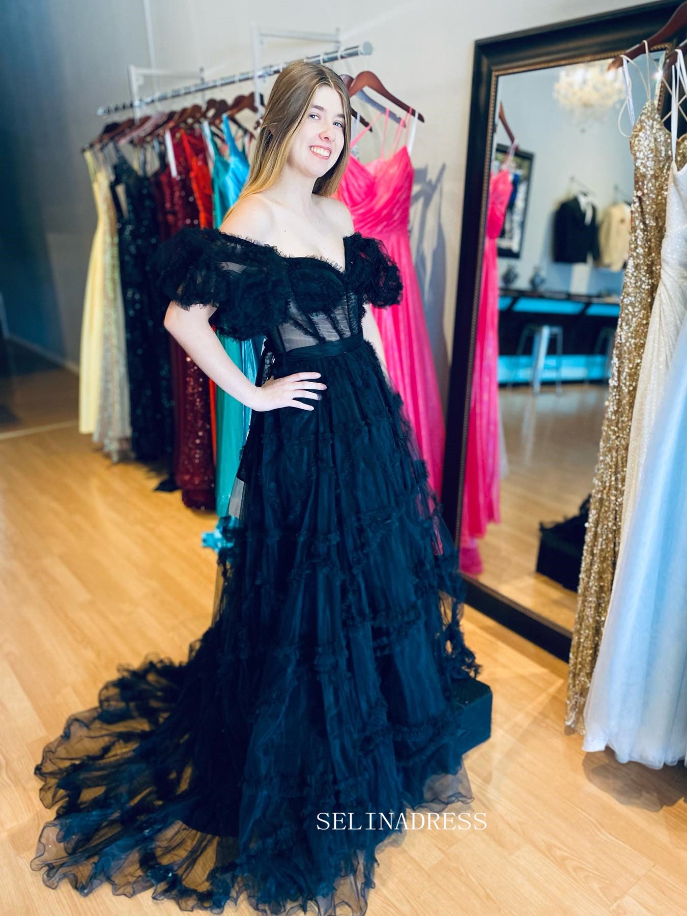 Black Off-the-shoulder Ruffles Long Prom Dress Evening Dress sew1045|Selinadress