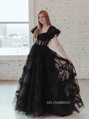 Black Off-the-shoulder Ruffles Long Prom Dress Evening Dress sew1045|Selinadress