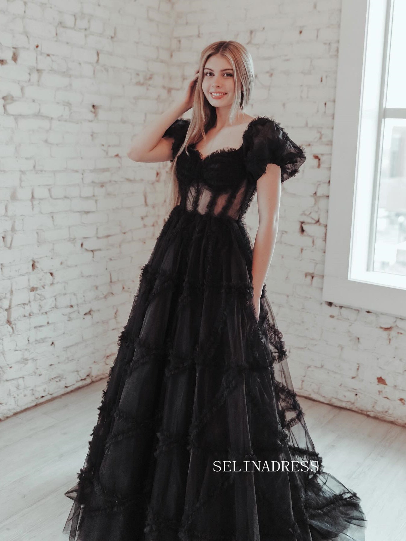 Black Off-the-shoulder Ruffles Long Prom Dress Evening Dress sew1045|Selinadress