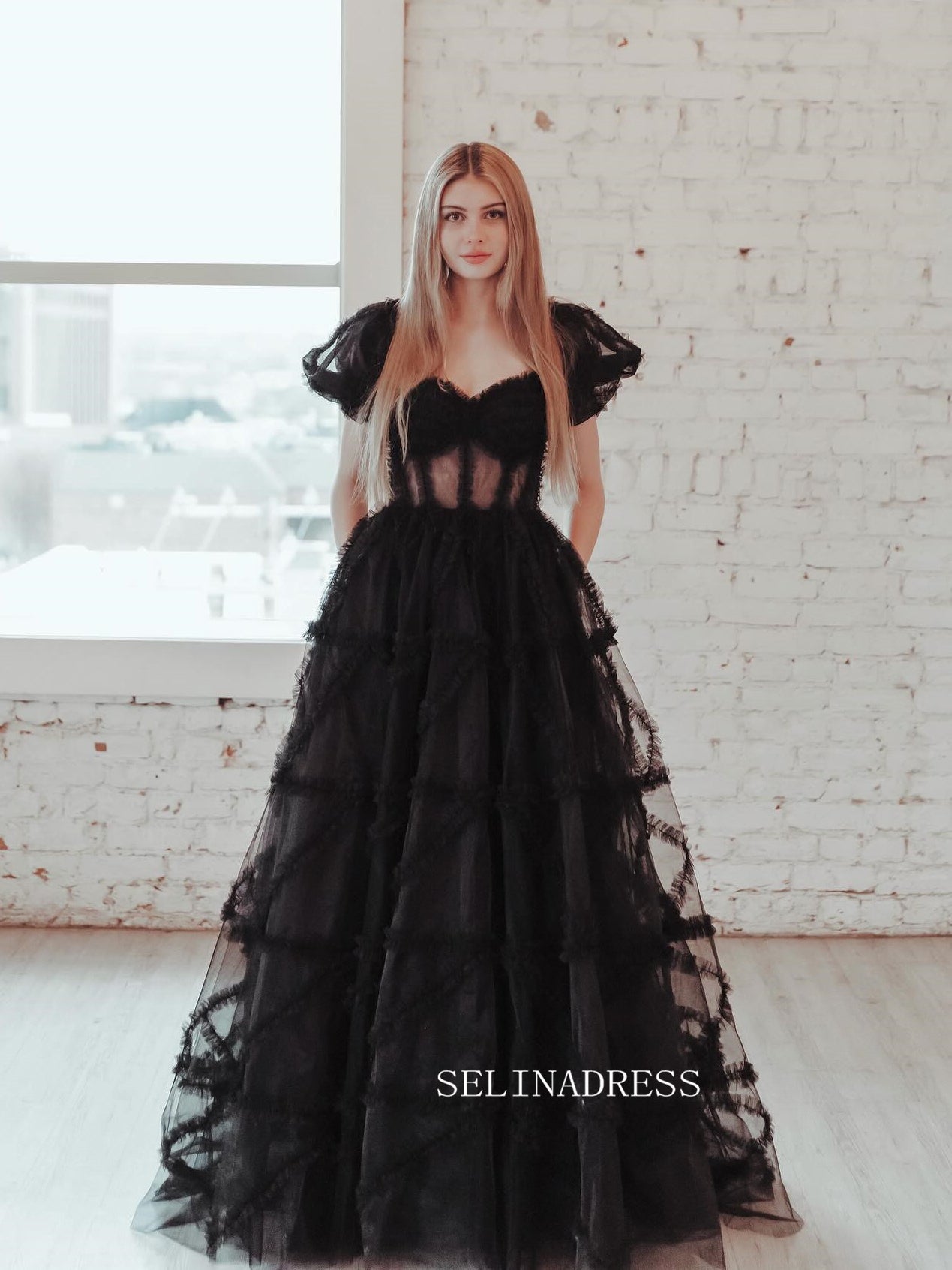 Black Off-the-shoulder Ruffles Long Prom Dress Evening Dress sew1045|Selinadress