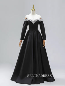 Black Satin Long Prom Dress Pearl Beading Off-The-Shoulder Removable sleeves Formal Dresses TKL2105|Selinadress