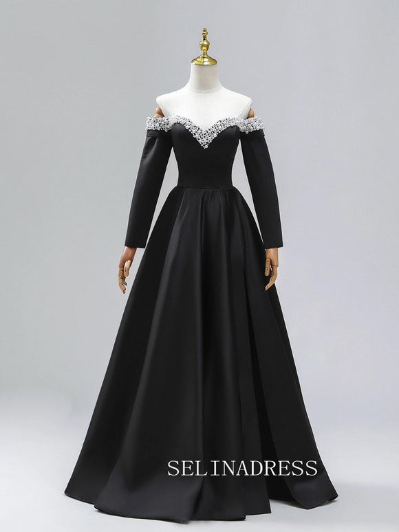 Black Satin Long Prom Dress Pearl Beading Off-The-Shoulder Removable sleeves Formal Dresses TKL2105|Selinadress