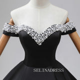 Black Satin Long Prom Dress Pearl Beading Off-The-Shoulder Removable sleeves Formal Dresses TKL2105|Selinadress