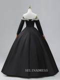 Black Satin Long Prom Dress Pearl Beading Off-The-Shoulder Removable sleeves Formal Dresses TKL2105|Selinadress