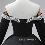 Black Satin Long Prom Dress Pearl Beading Off-The-Shoulder Removable sleeves Formal Dresses TKL2105|Selinadress