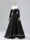 Black Satin Long Prom Dress Pearl Beading Off-The-Shoulder Removable sleeves Formal Dresses TKL2105|Selinadress