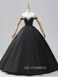 Black Satin Long Prom Dress Pearl Beading Off-The-Shoulder Removable sleeves Formal Dresses TKL2105|Selinadress