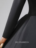 Black Satin Long Prom Dress Pearl Beading Off-The-Shoulder Removable sleeves Formal Dresses TKL2105|Selinadress