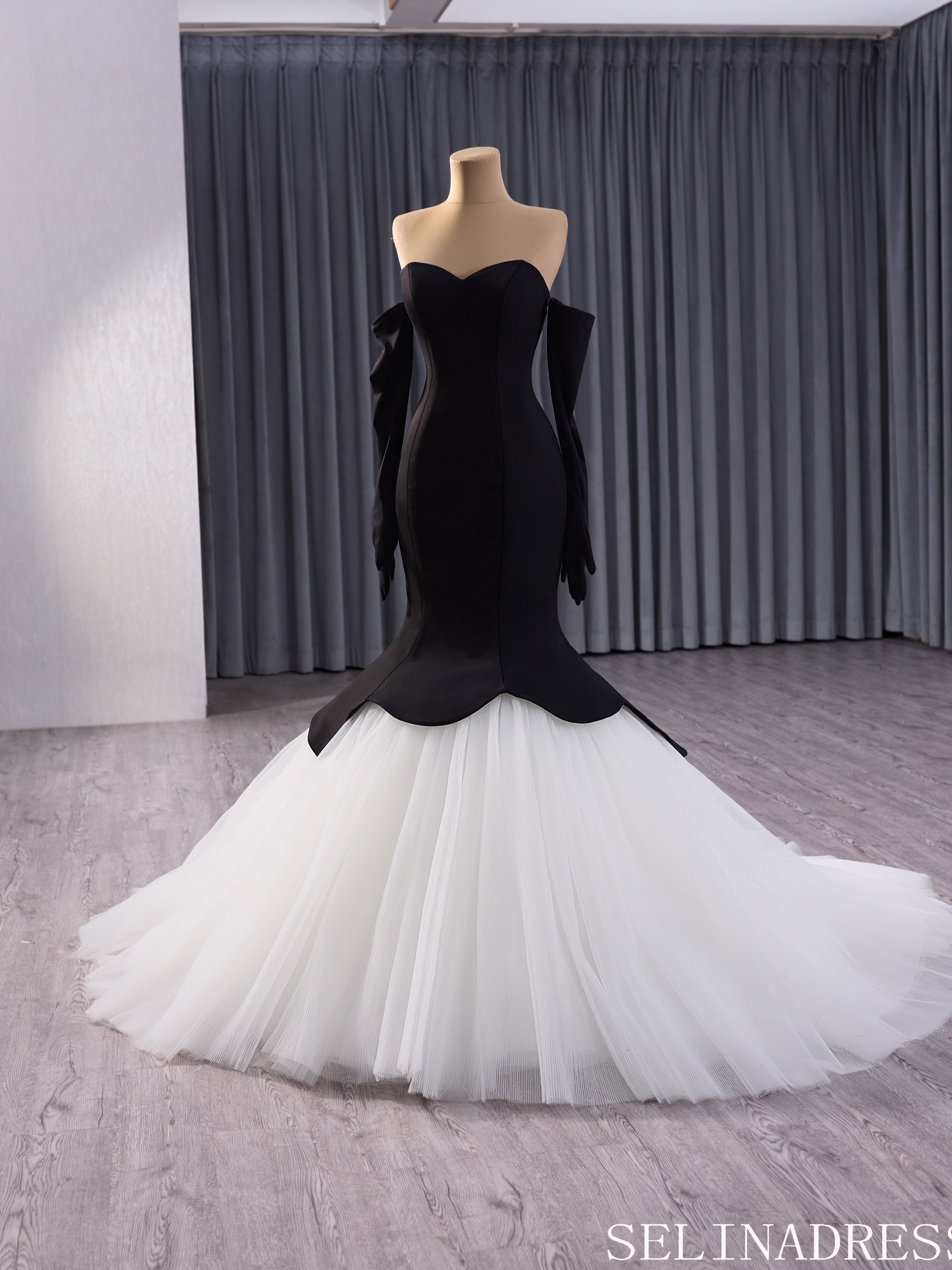 Black Satin Wedding Dresses With Removable Sleeves Pageant Dress 241035|Selinadress