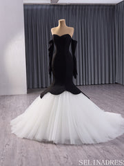 Black Satin Wedding Dresses With Removable Sleeves Pageant Dress 241035|Selinadress