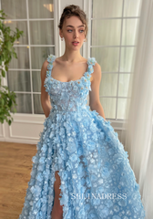 Blue 3D Flower Long Prom Dress Straps Evening Dress With Slit EWR313|Selinadress