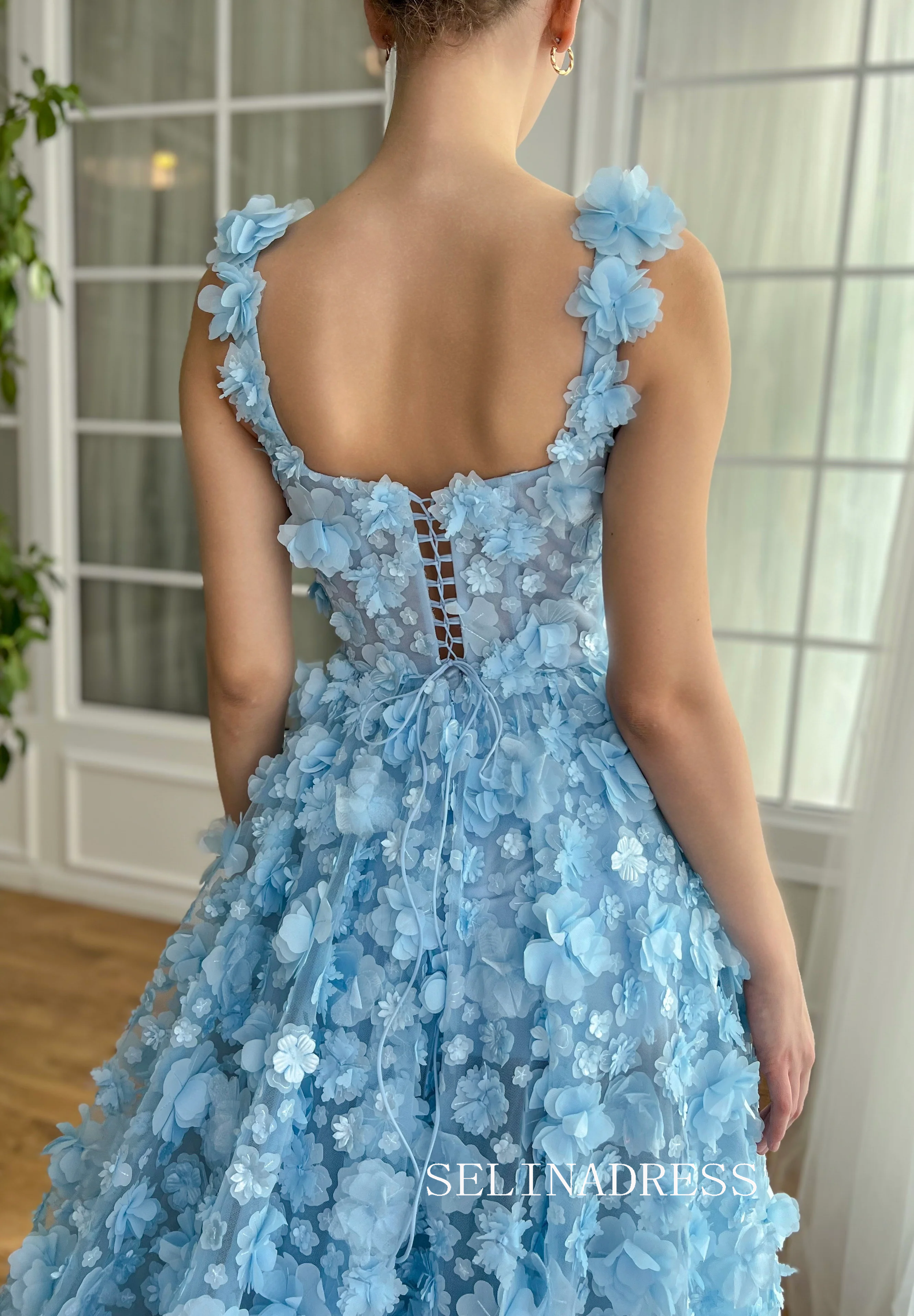 Blue 3D Flower Long Prom Dress Straps Evening Dress With Slit EWR313|Selinadress