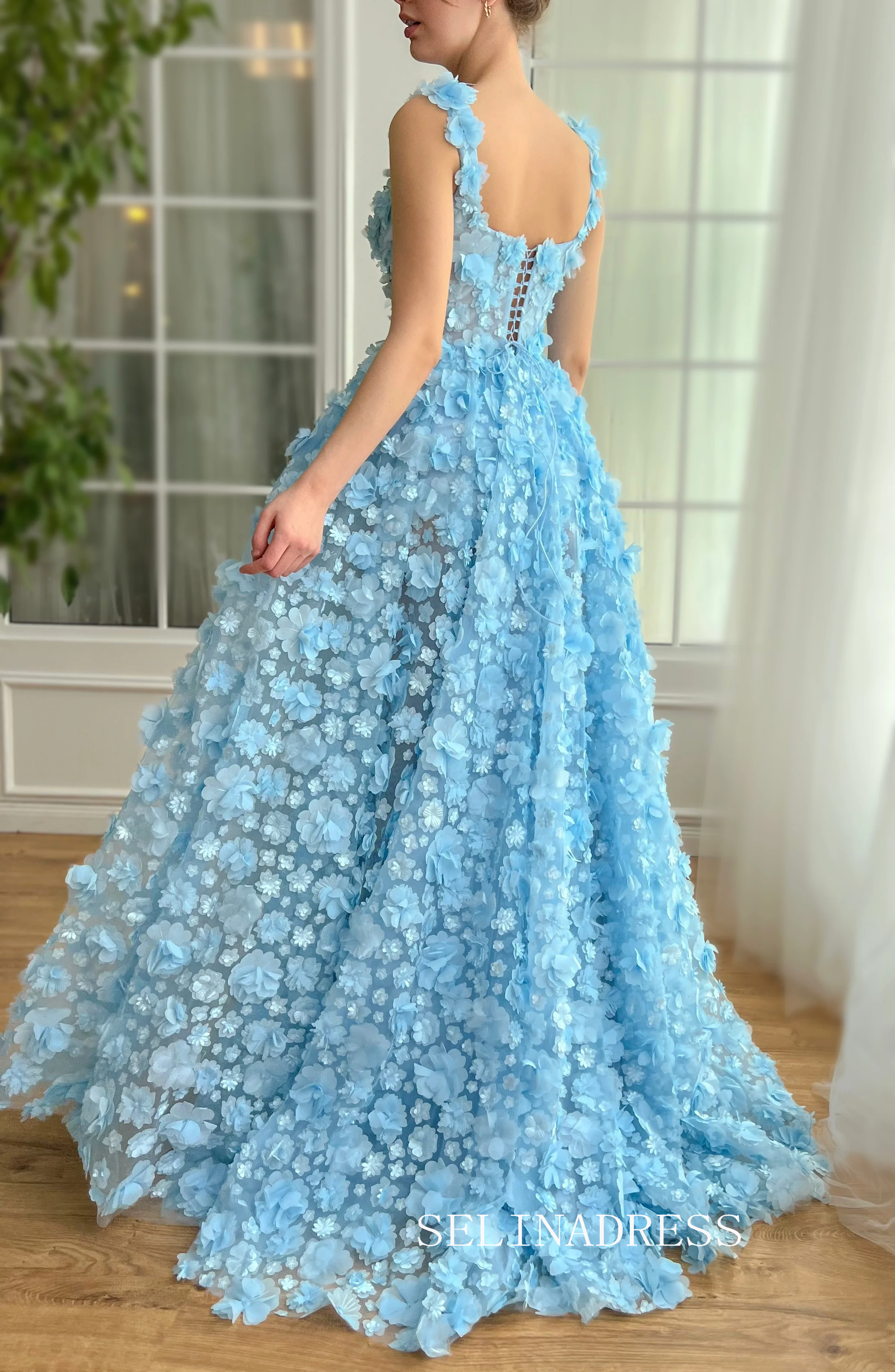 Blue 3D Flower Long Prom Dress Straps Evening Dress With Slit EWR313|Selinadress