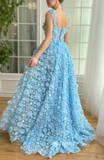 Blue 3D Flower Long Prom Dress Straps Evening Dress With Slit EWR313|Selinadress