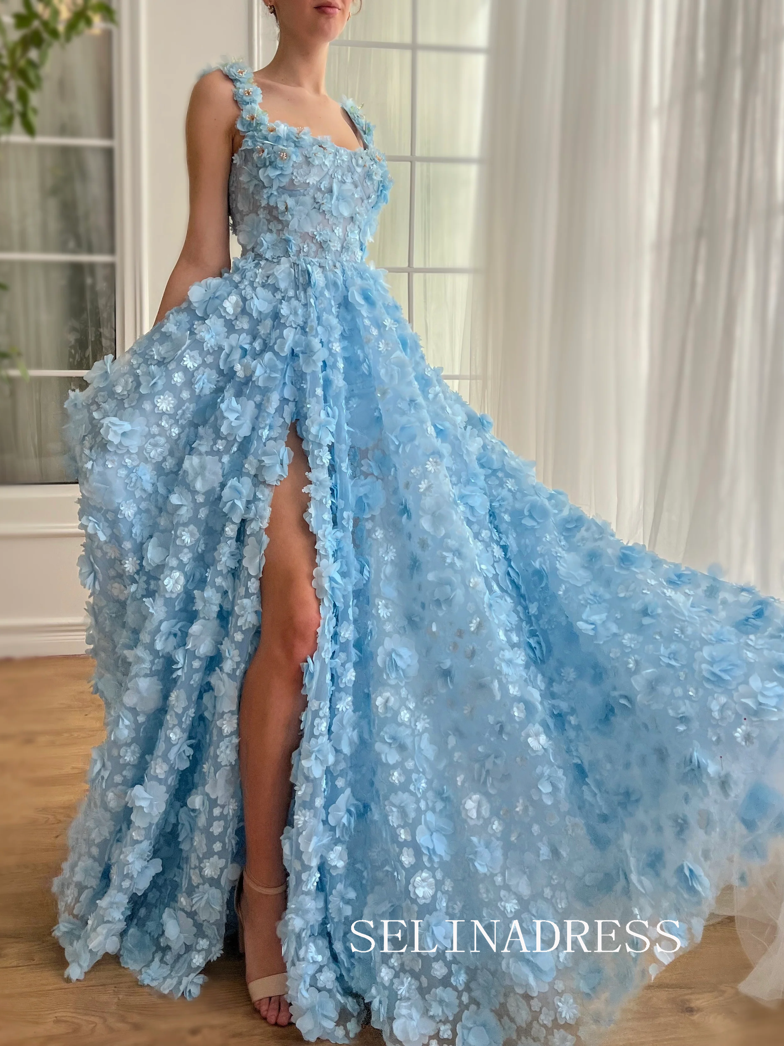 Blue 3D Flower Long Prom Dress Straps Evening Dress With Slit EWR313|Selinadress